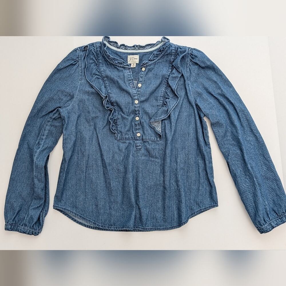 J. Crew Ruffle Bib Long Sleeve Denim Shirt Women's Size M Medium Blue